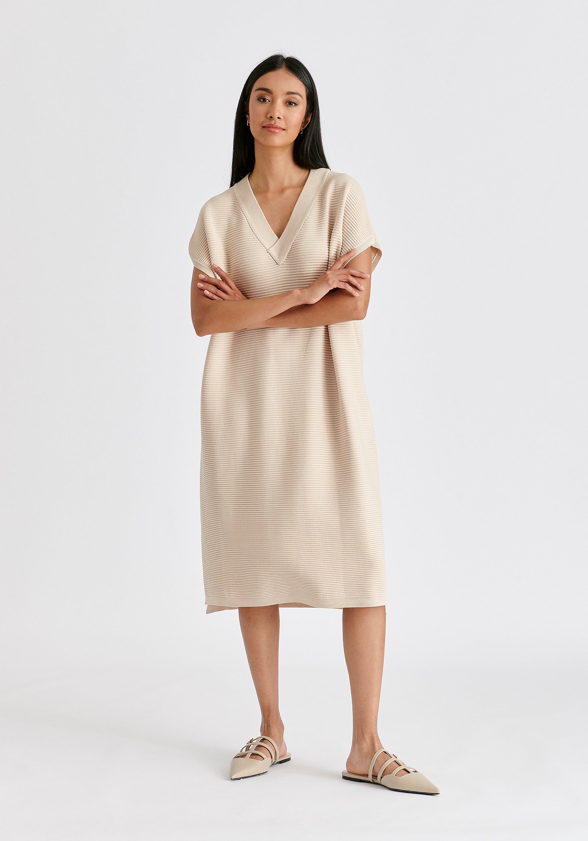 V-Neck Sleeveless Ribbed Jumper Dress In Beige Front