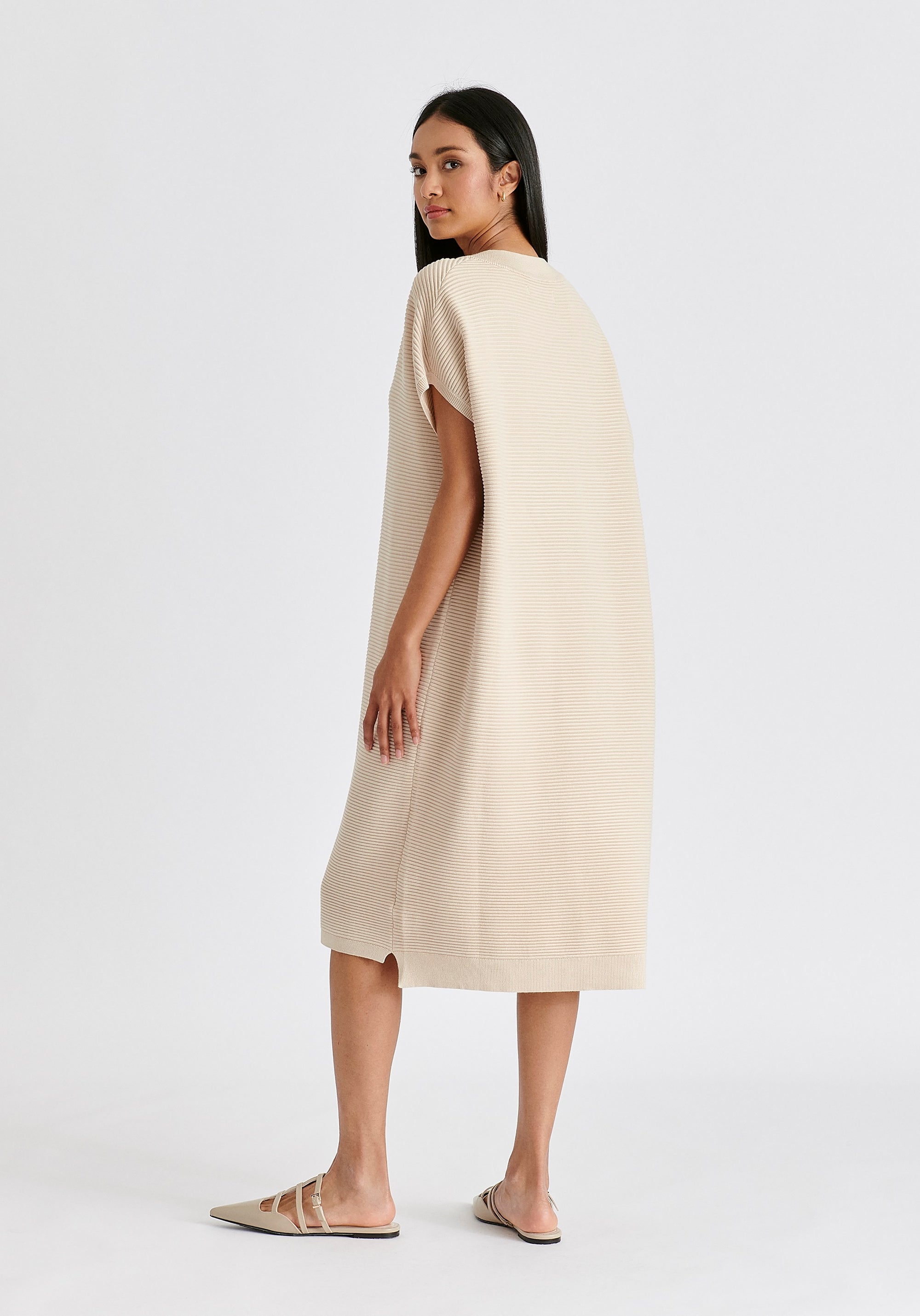 V-Neck Sleeveless Ribbed Jumper Dress In Beige Back