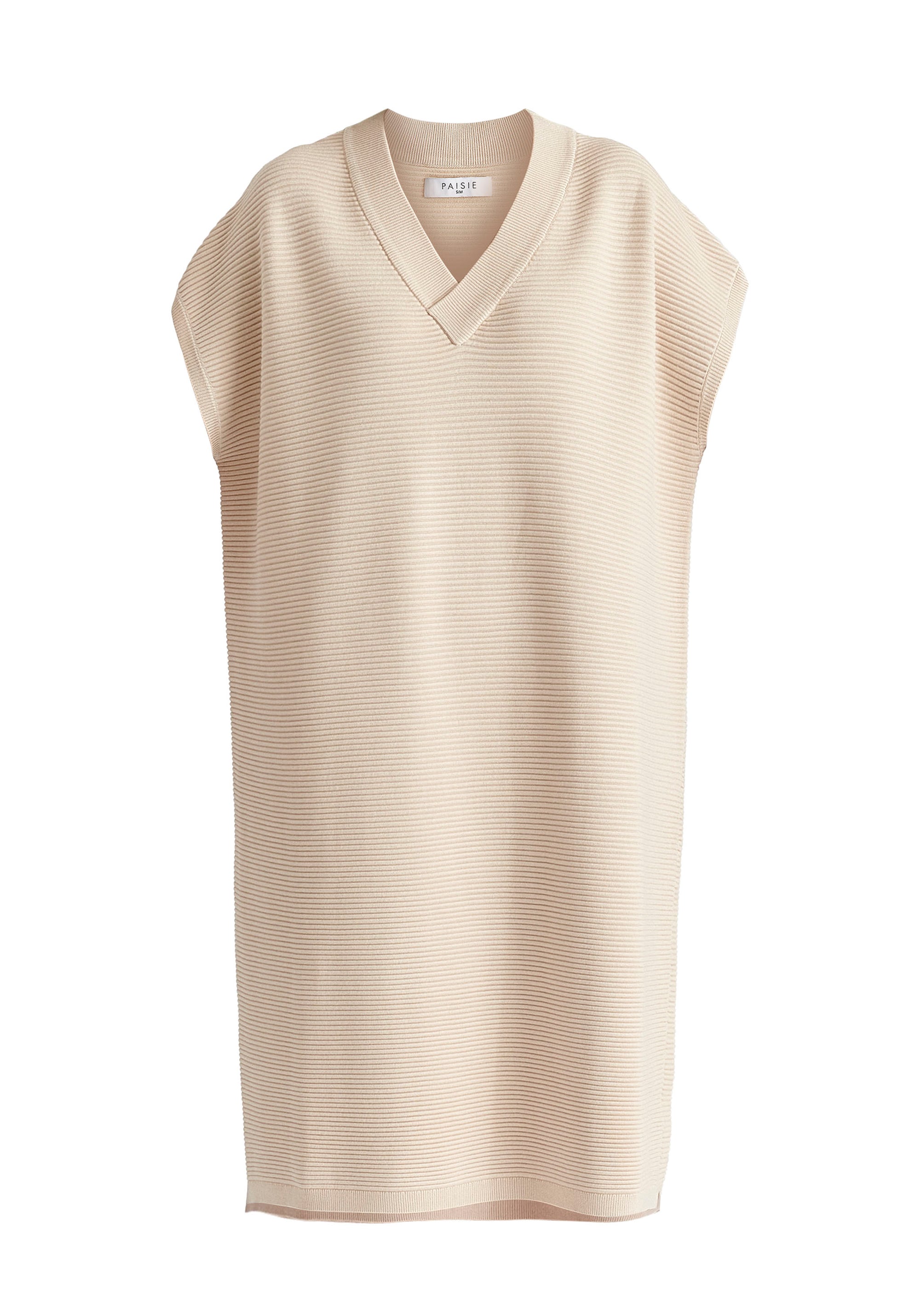 V-Neck Sleeveless Ribbed Jumper Dress In Beige Cutout