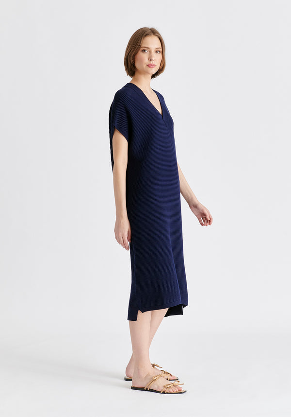 V-Neck Sleeveless Ribbed Jumper Dress In Navy Side