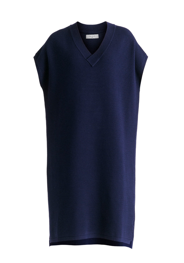 V-Neck Sleeveless Ribbed Jumper Dress In Navy Cutout