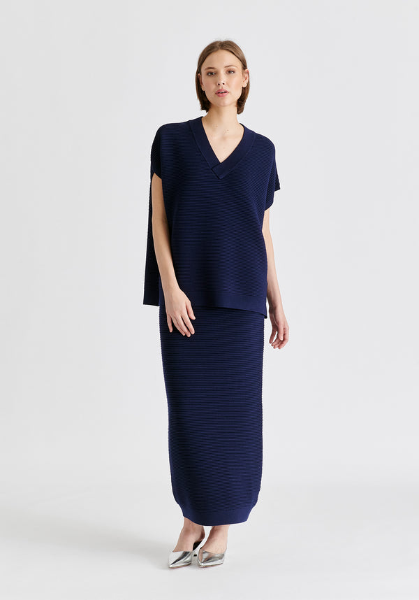 V-Neck Sleeveless Ribbed Jumper In Navy Front