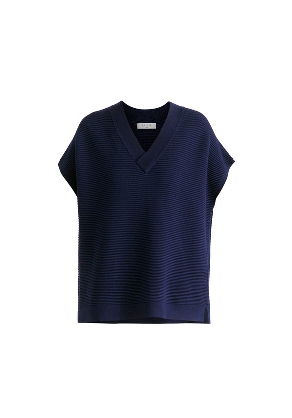V-Neck Sleeveless Ribbed Jumper In Navy Cutout