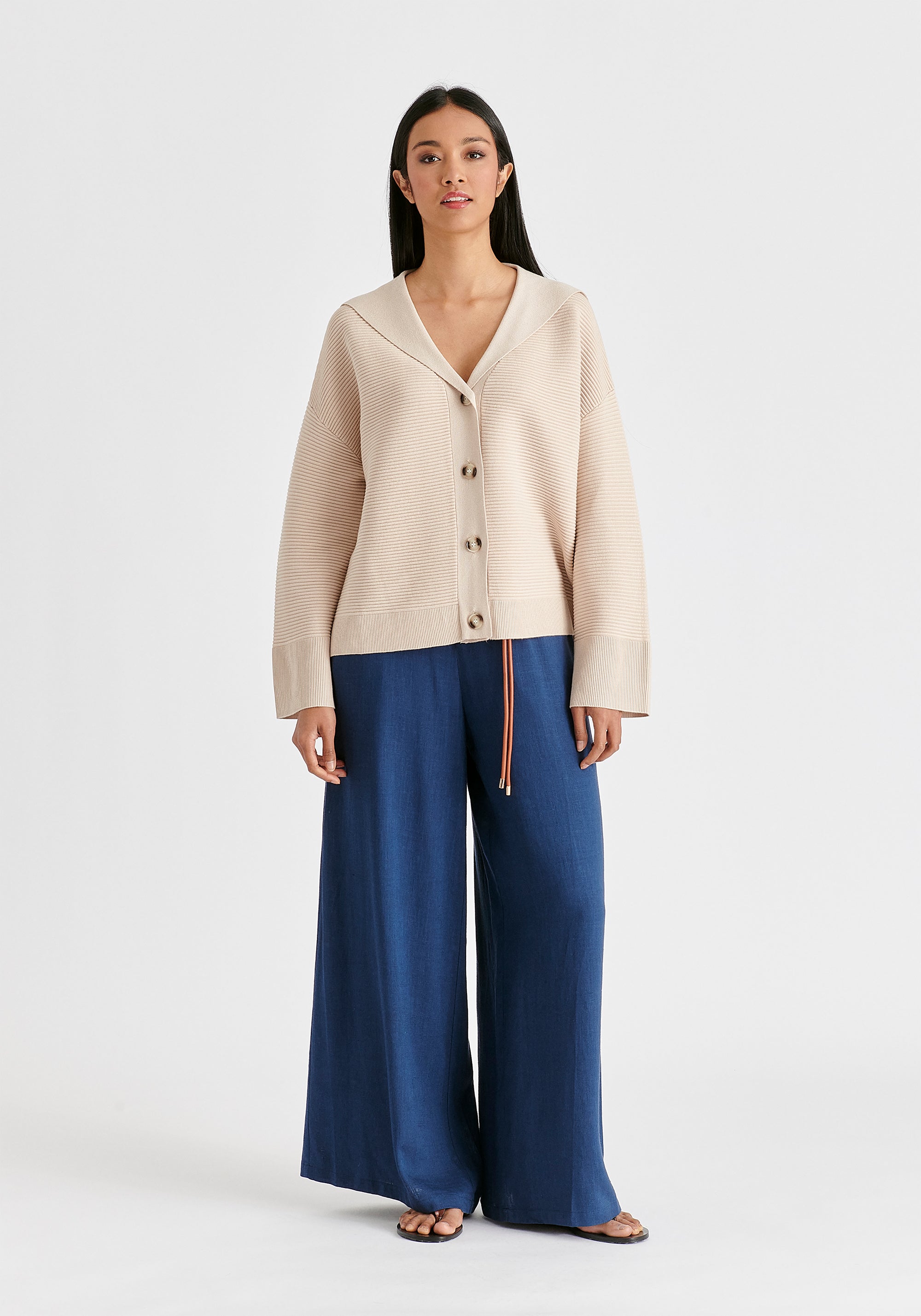 Sailor Collar Ribbed Cardigan In Beige Front