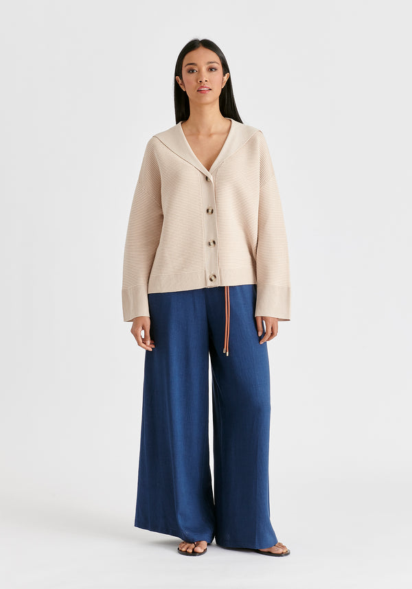 Sailor Collar Ribbed Cardigan In Beige Front