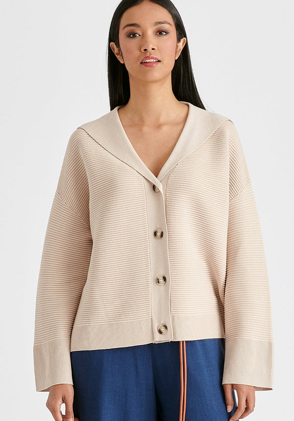 Sailor Collar Ribbed Cardigan In Beige Front