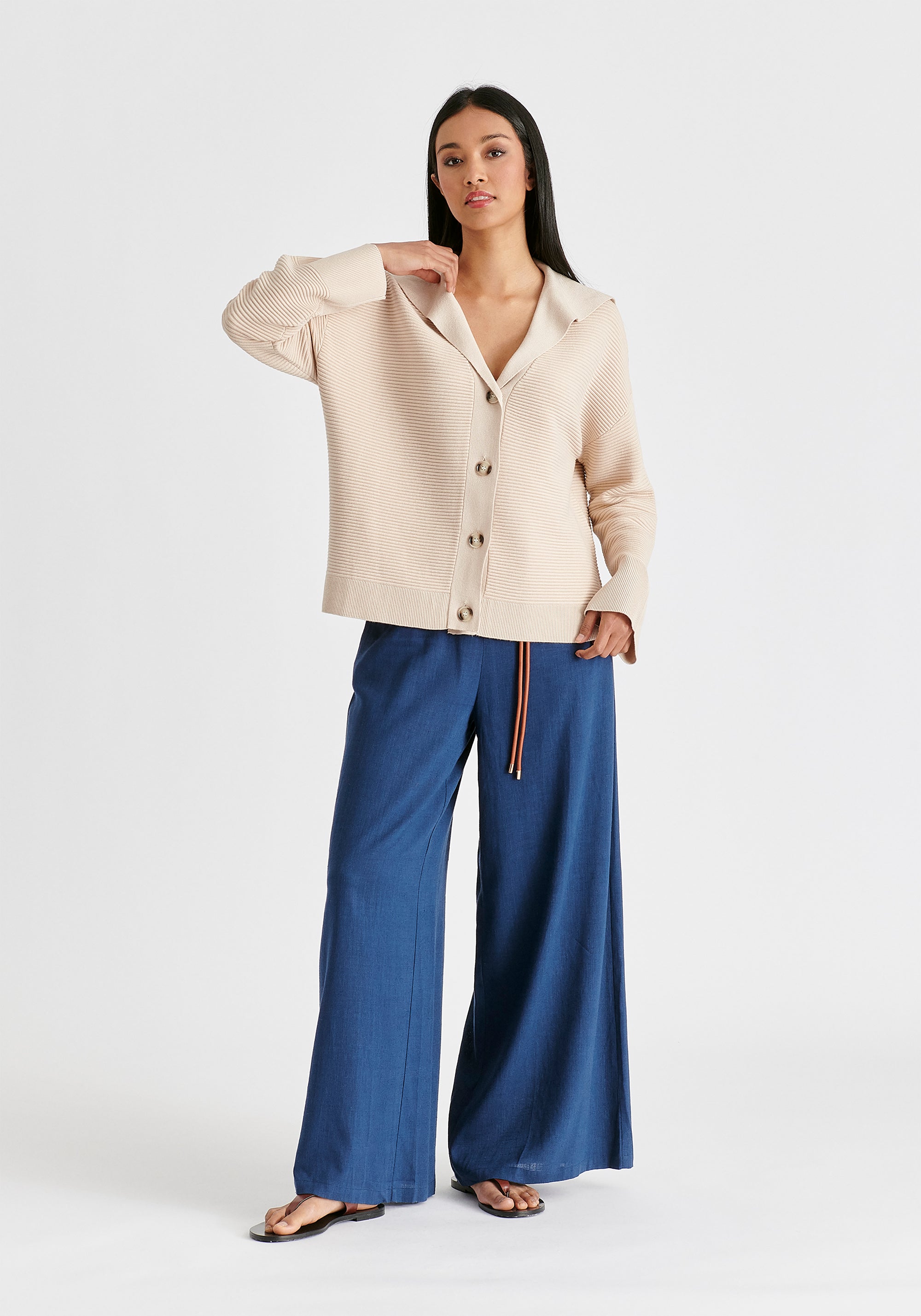 Sailor Collar Ribbed Cardigan In Beige Front