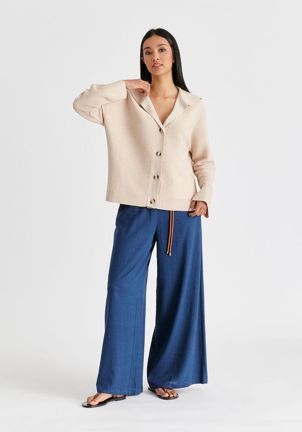 Sailor Collar Ribbed Cardigan In Beige Front