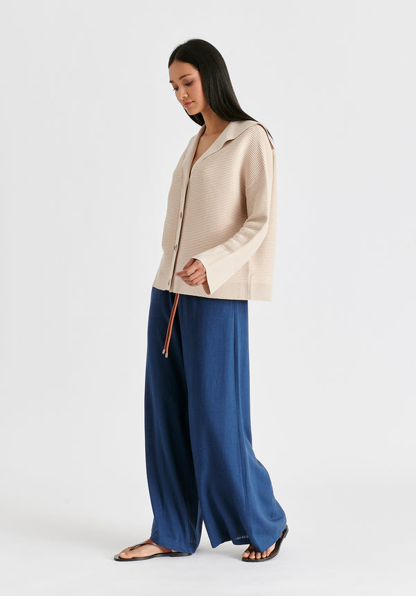 Sailor Collar Ribbed Cardigan In Beige Side