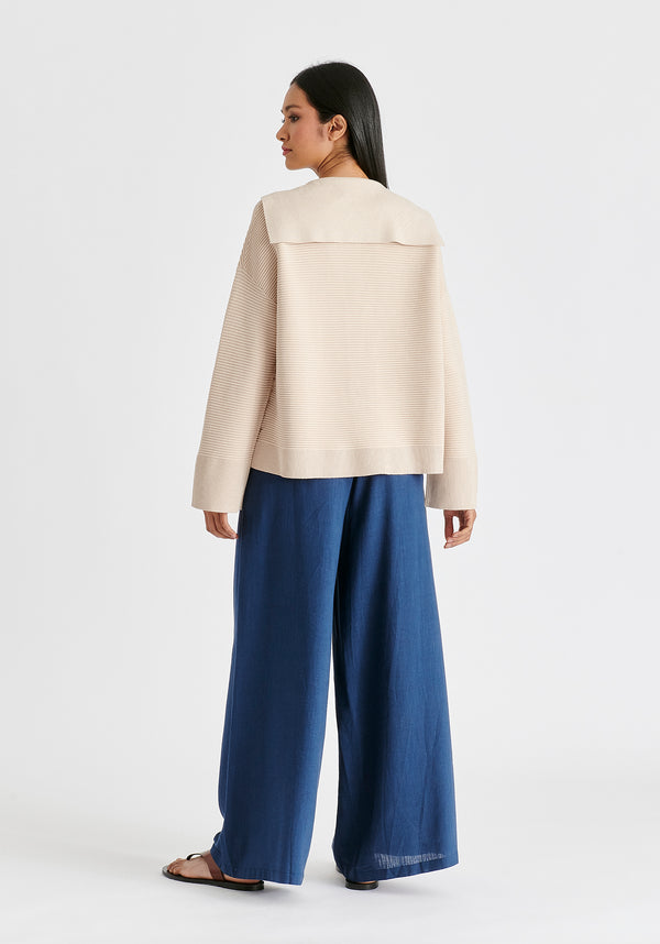 Sailor Collar Ribbed Cardigan In Beige Back