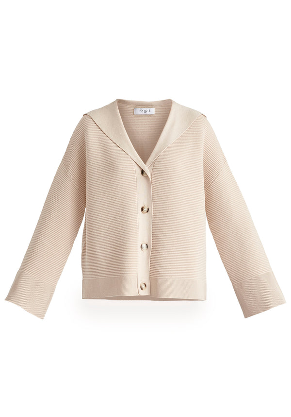 Sailor Collar Ribbed Cardigan In Beige Cutout