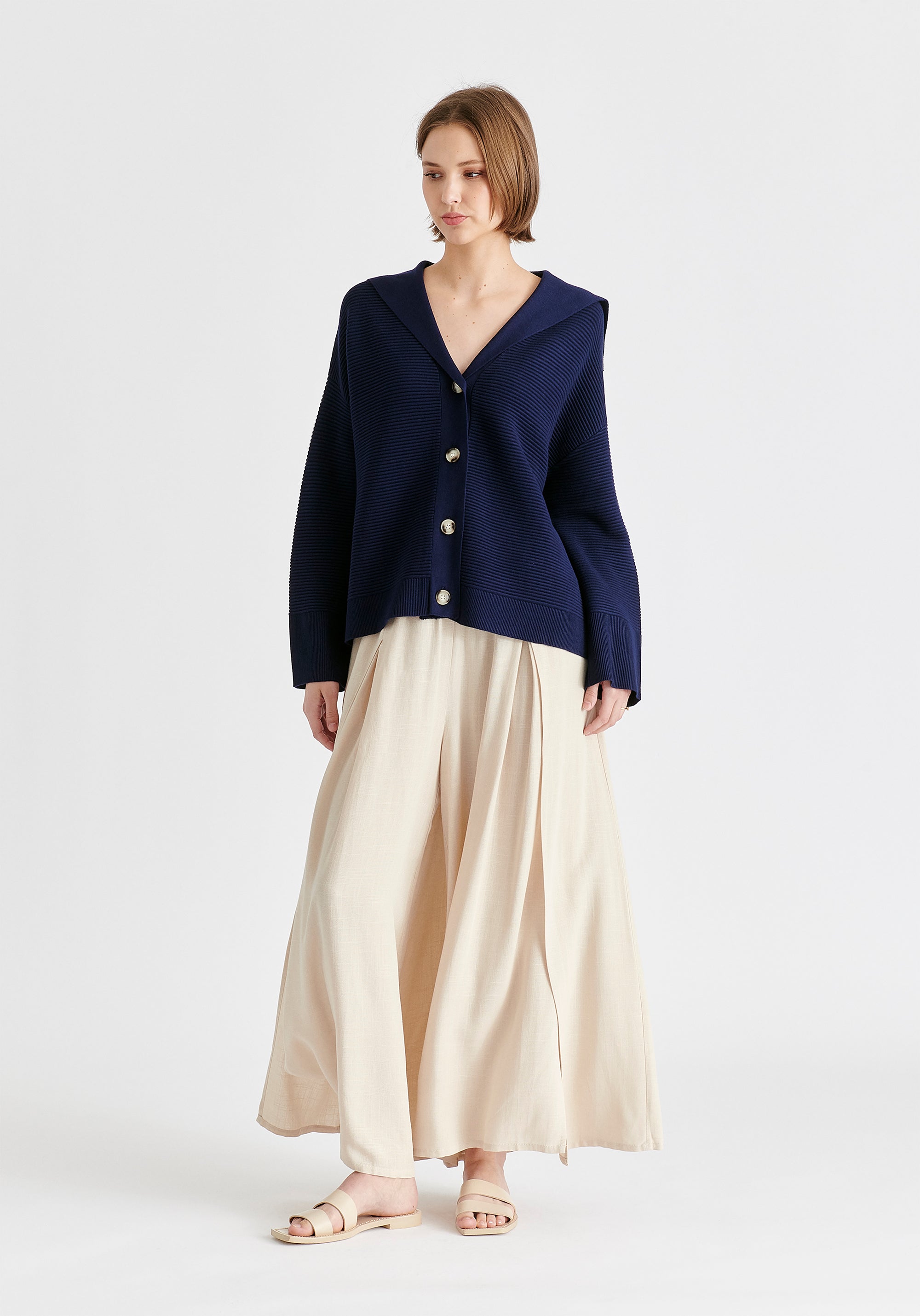 Sailor Collar Ribbed Cardigan