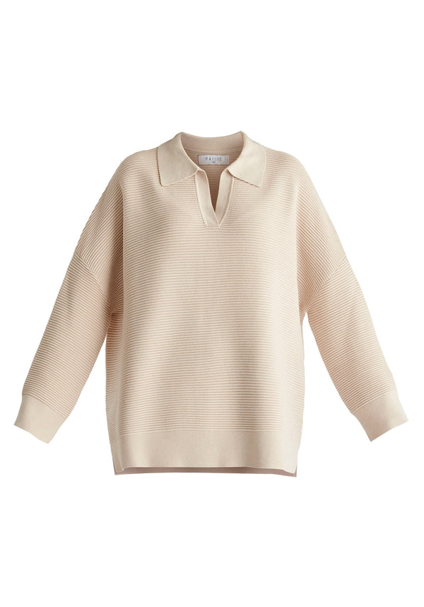 Polo Collar Ribbed Jumper in Beige Cutout