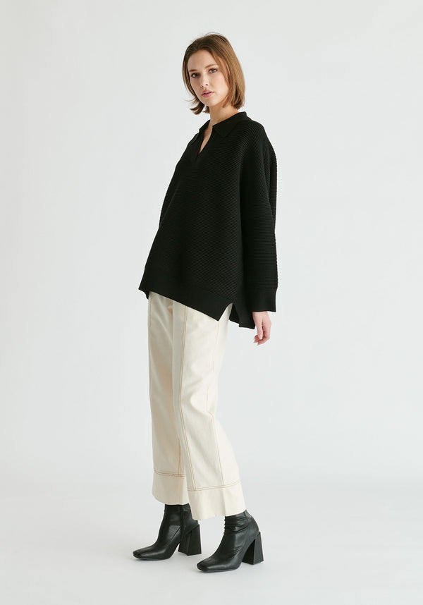 Polo Collar Ribbed Jumper in Black Side
