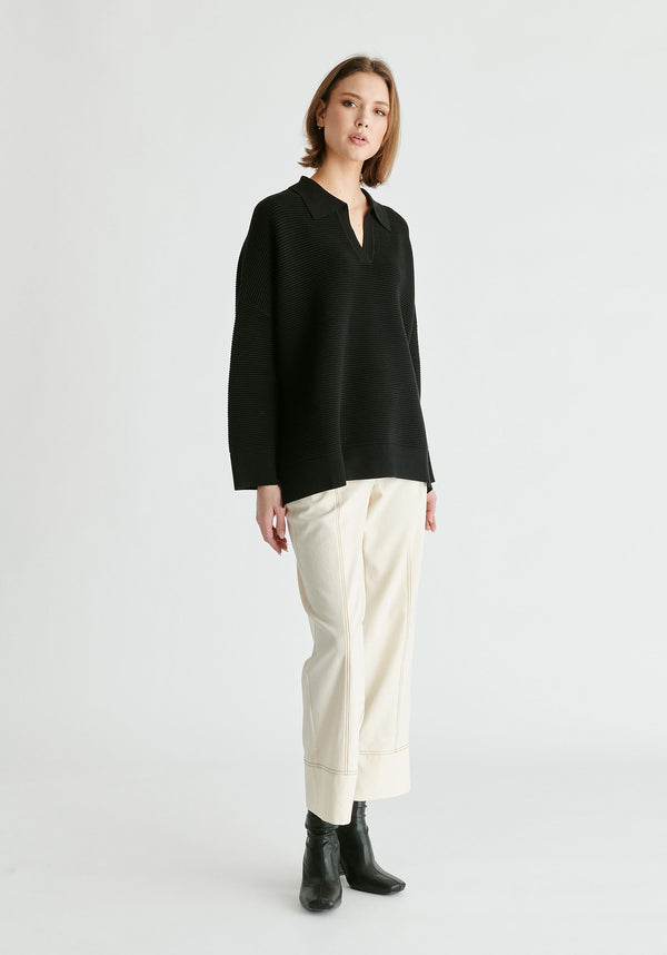 Polo Collar Ribbed Jumper in Black Front