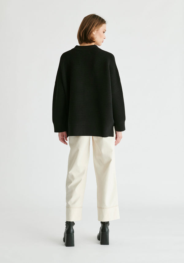 Polo Collar Ribbed Jumper in Black Back