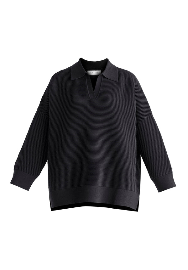 Polo Collar Ribbed Jumper in Black Cutout