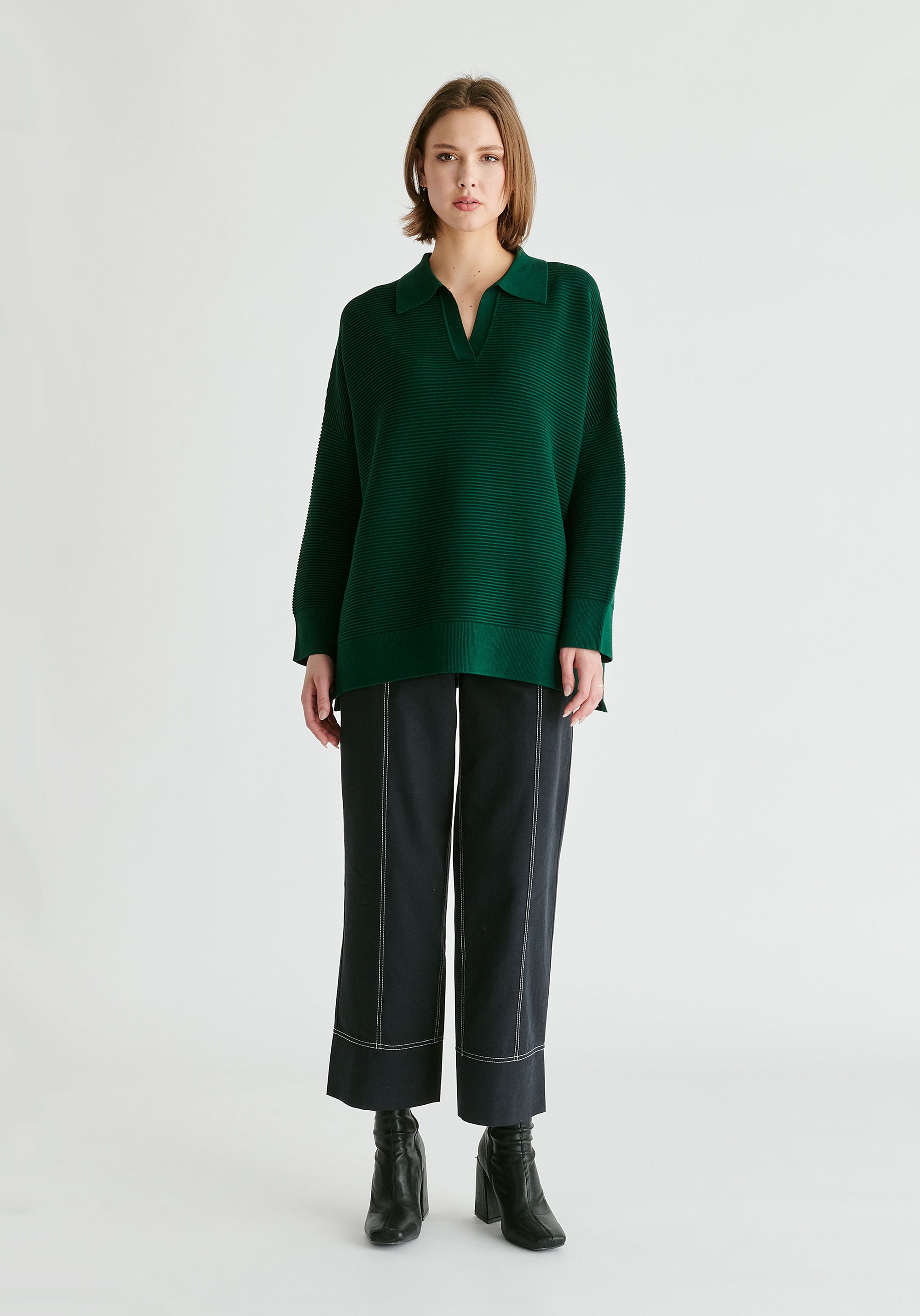 Polo Collar Ribbed Jumper in Dark Green