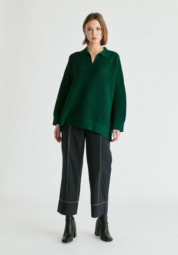Polo Collar Ribbed Jumper in Dark Green Front