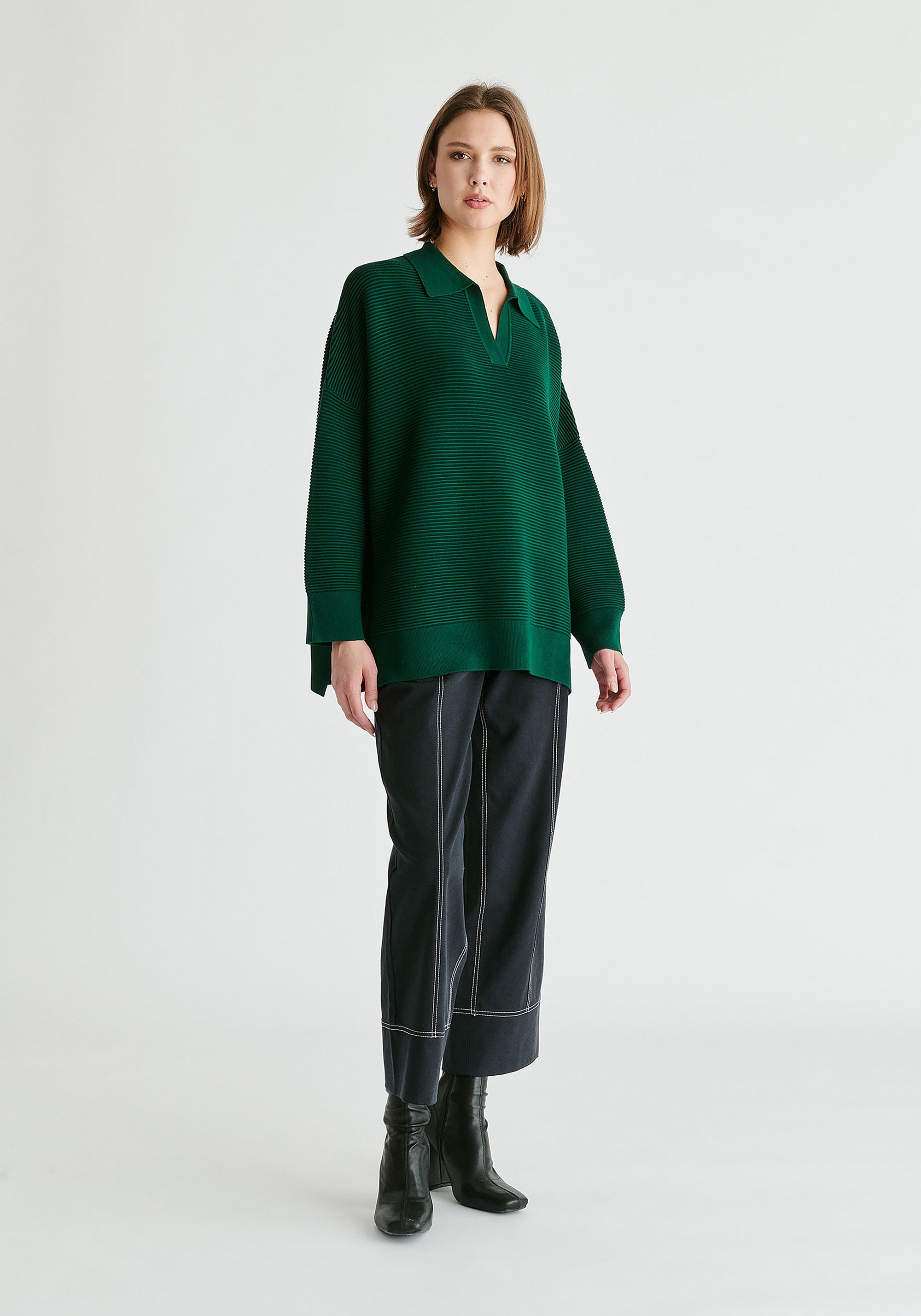 Polo Collar Ribbed Jumper in Dark Green Front