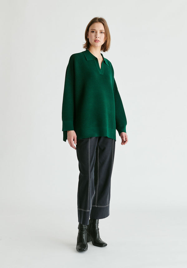 Polo Collar Ribbed Jumper in Dark Green Front