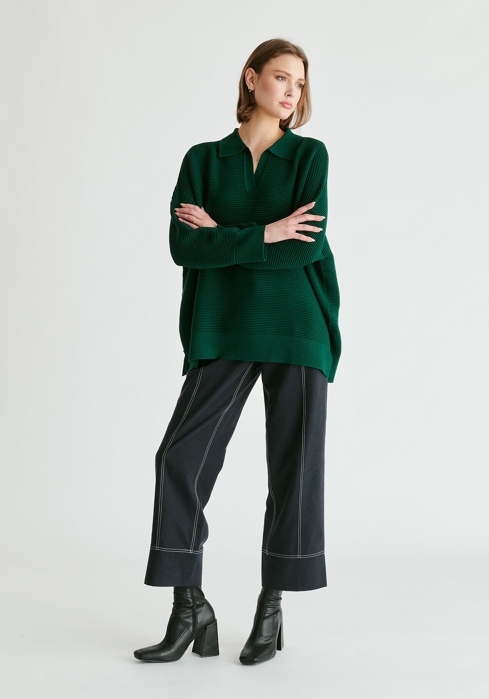Polo Collar Ribbed Jumper in Dark Green Front