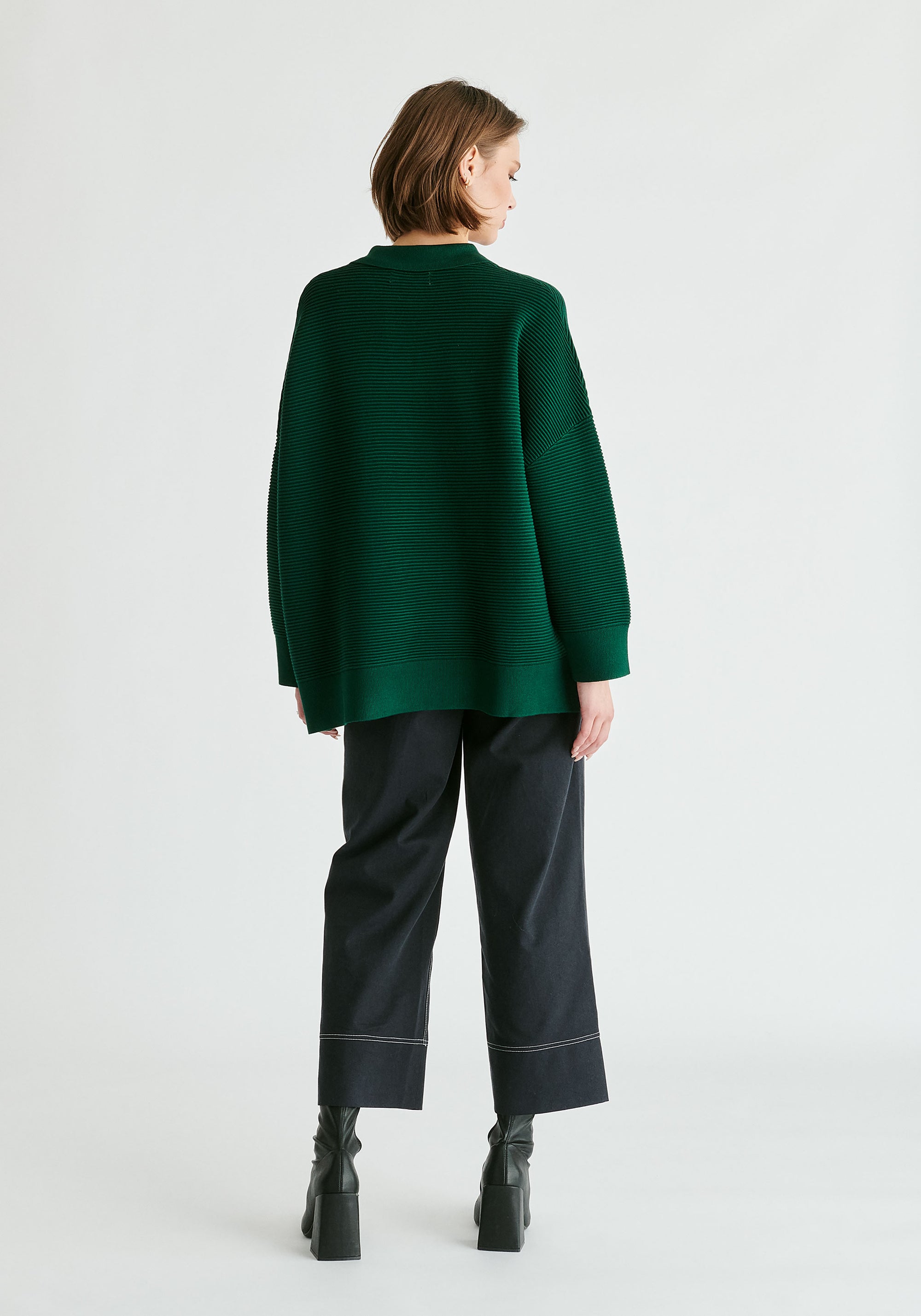 Polo Collar Ribbed Jumper in Dark Green Back