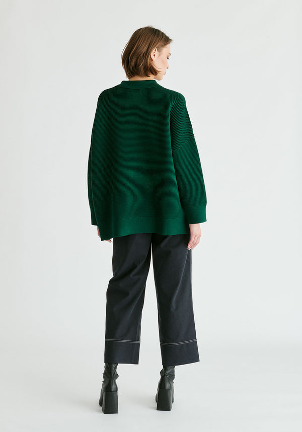 Polo Collar Ribbed Jumper in Dark Green Back