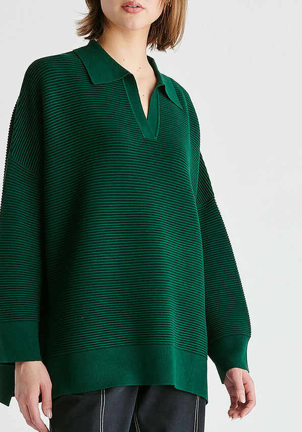 Polo Collar Ribbed Jumper in Dark Green Closeup