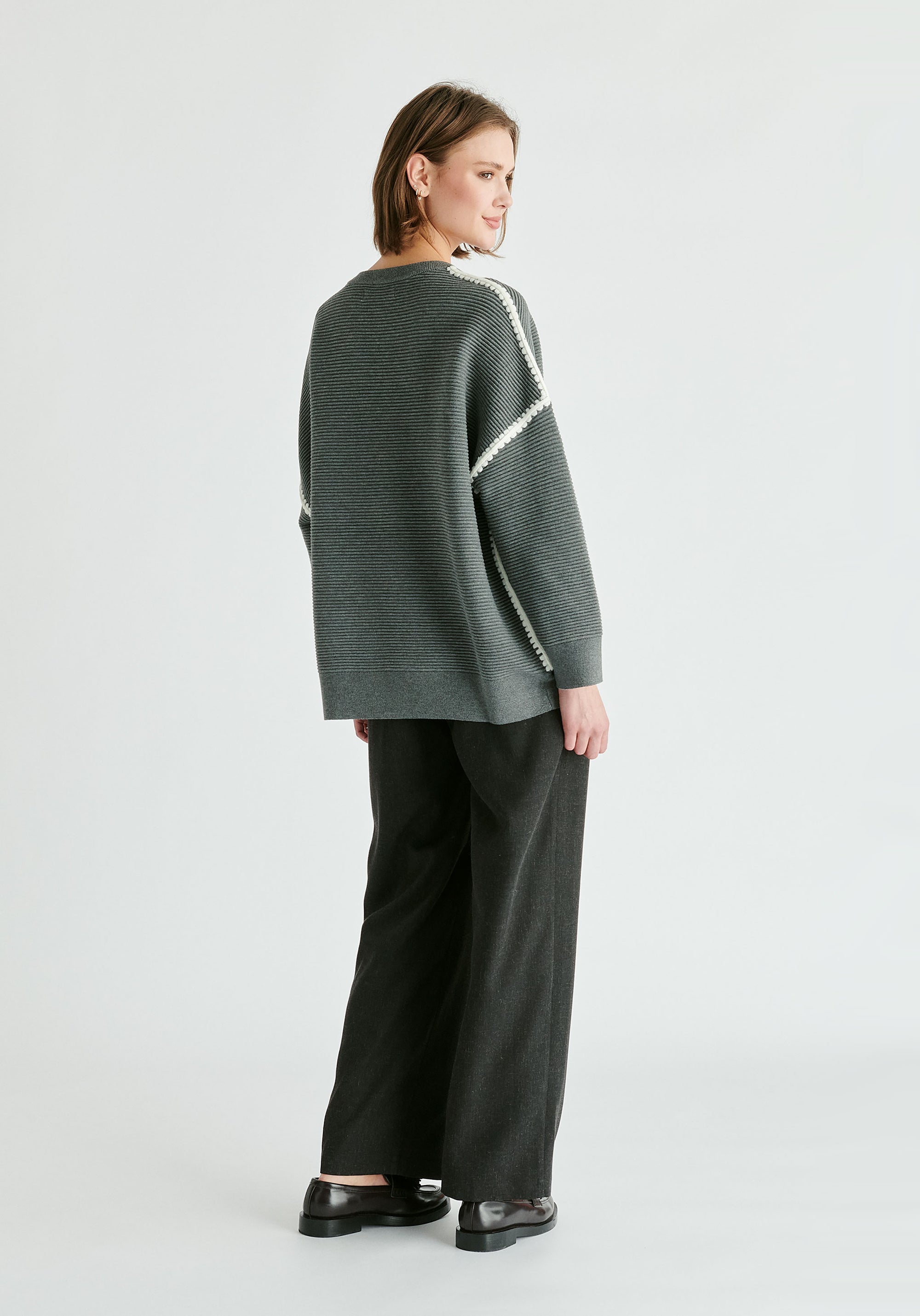 Ribbed Jumper with Contrasting Embroidery in Grey Back