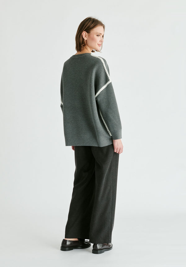 Ribbed Jumper with Contrasting Embroidery in Grey Back