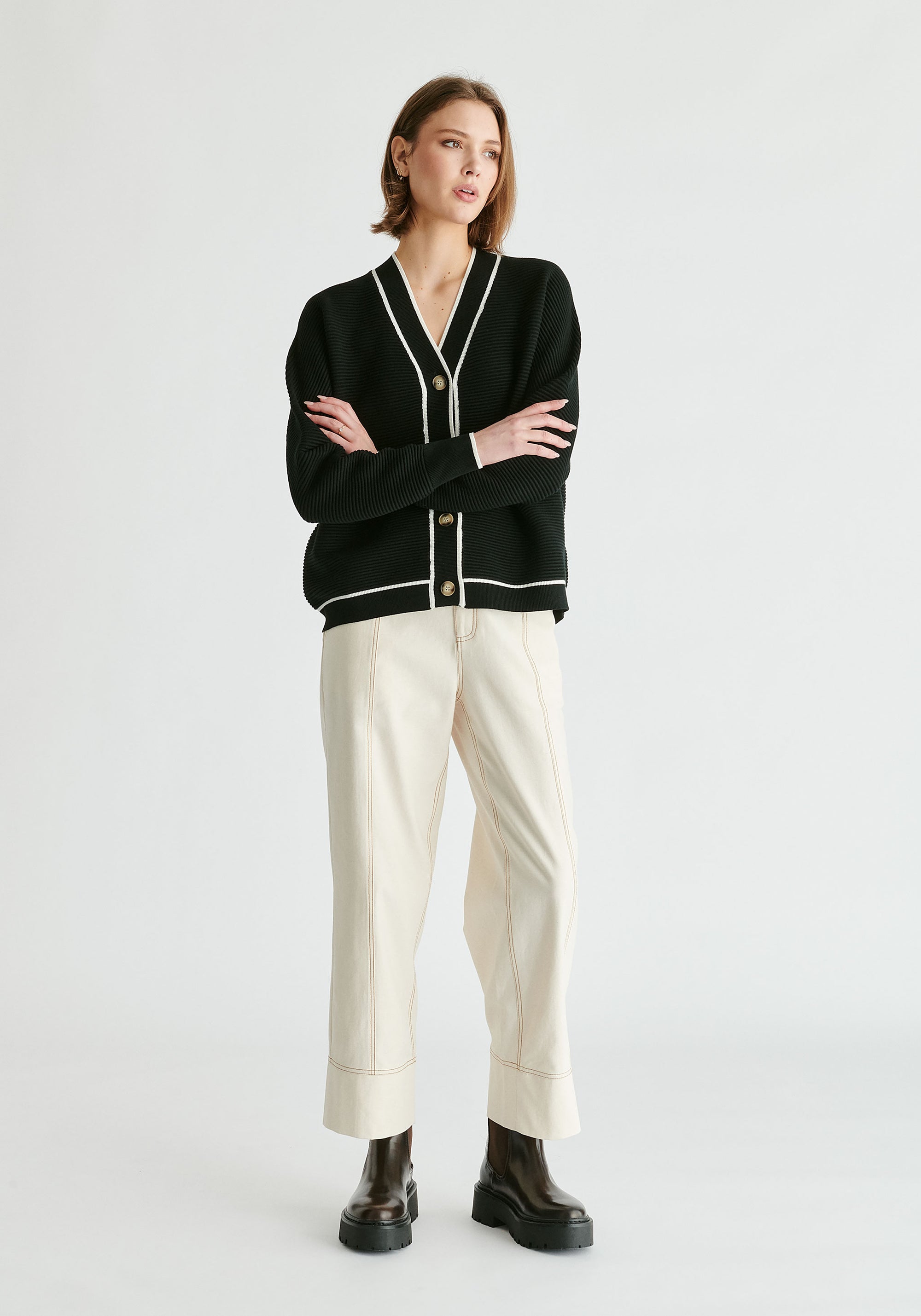 Ribbed Cardigan with Contrast Trim