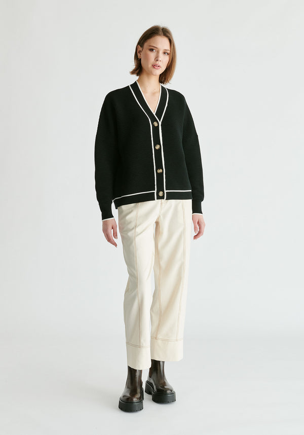 Ribbed Cardigan with Contrast Trim