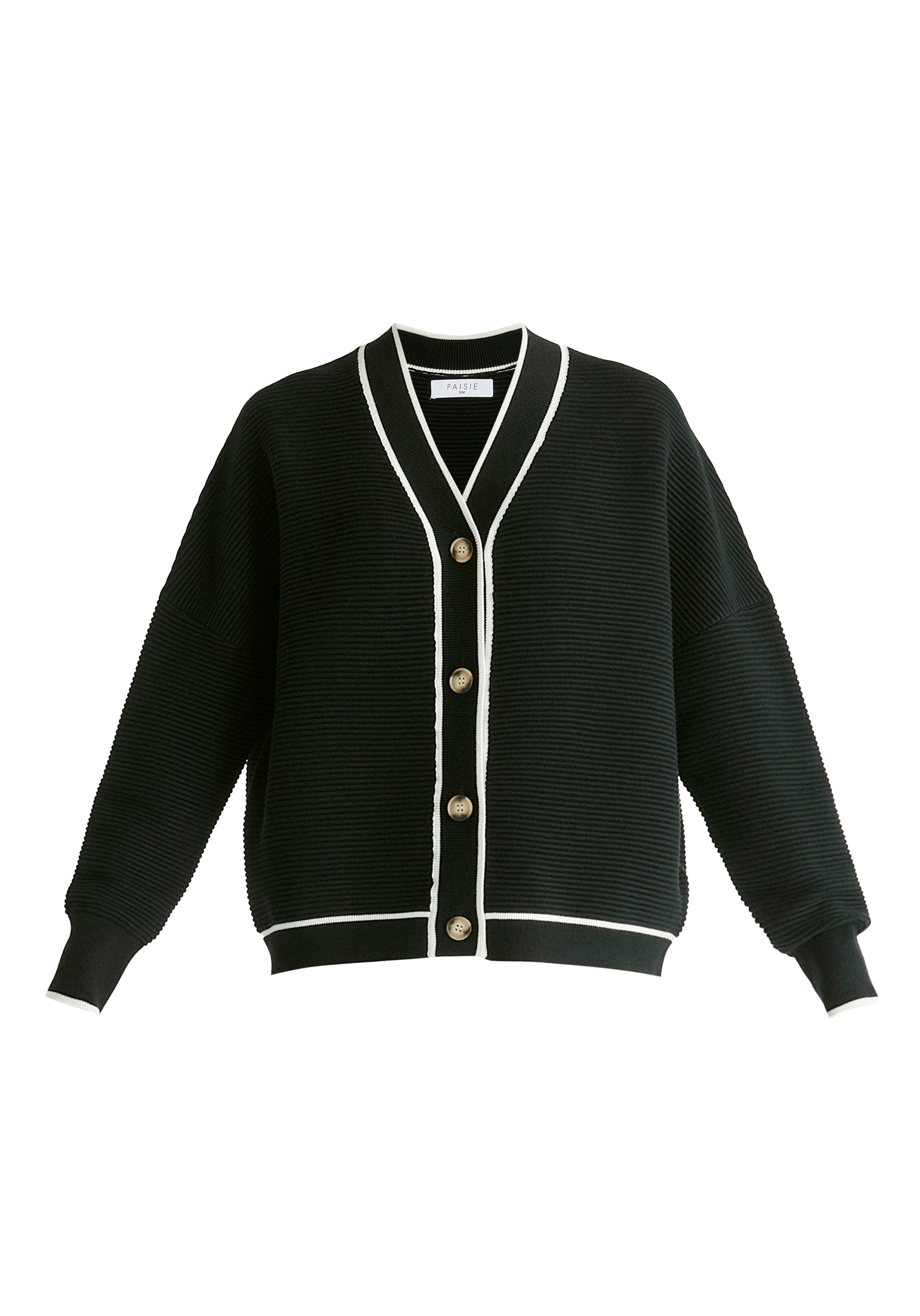 Ribbed Cardigan with Contrast Trim in Black Cutout