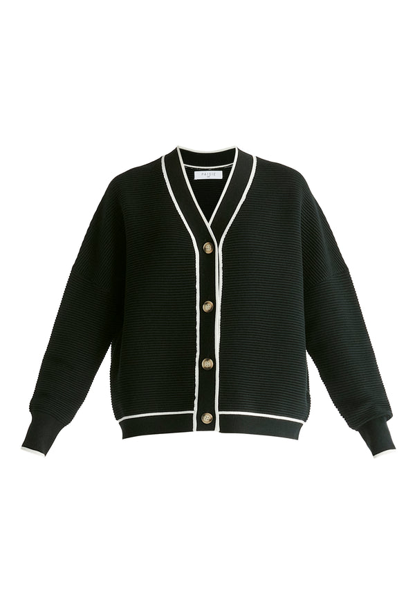 Ribbed Cardigan with Contrast Trim in Black Cutout