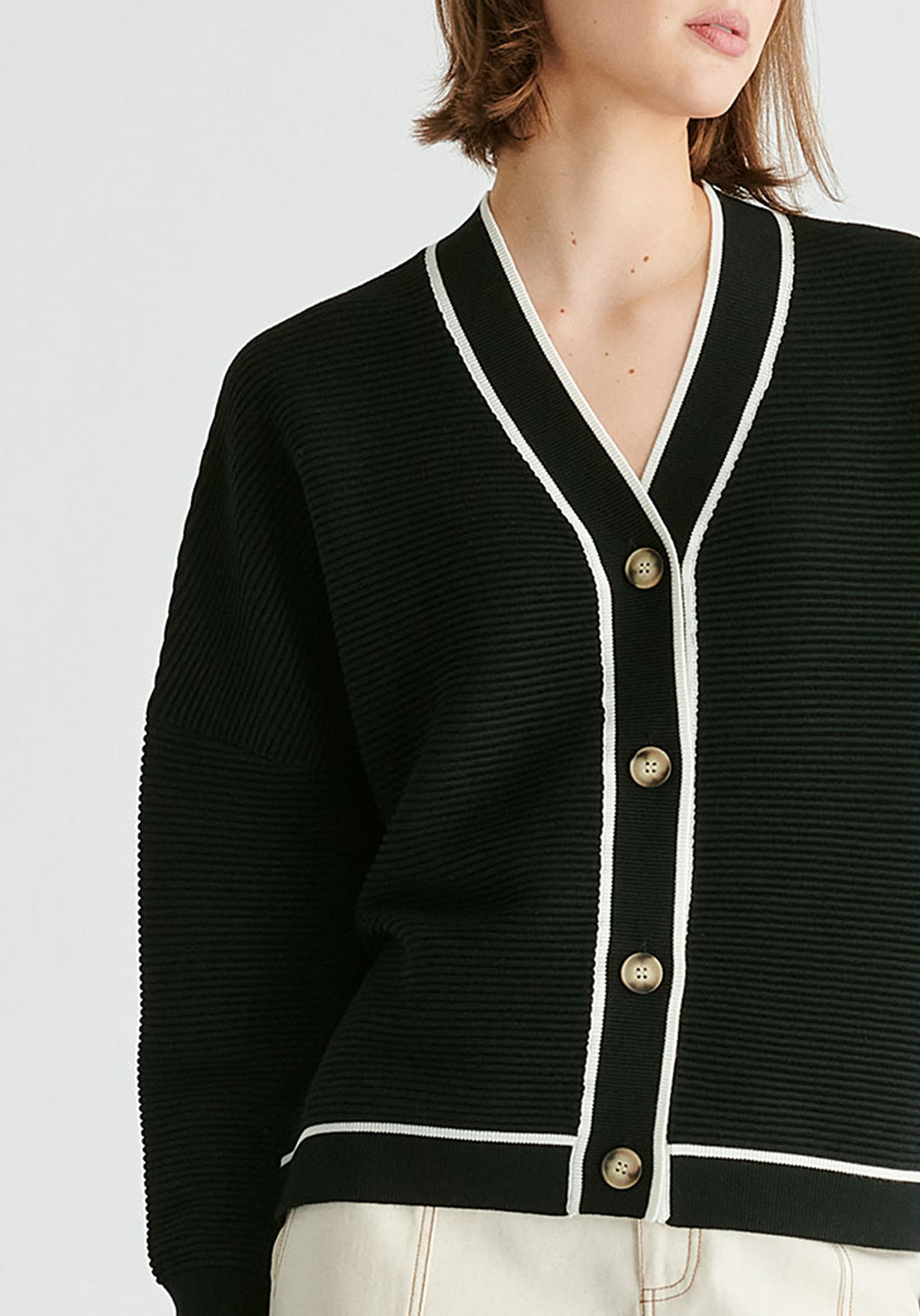Ribbed Cardigan with Contrast Trim