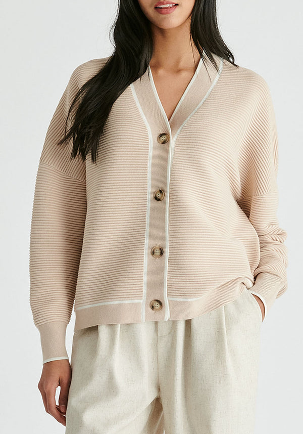Ribbed Cardigan with Contrast Trim in Cream and White Front