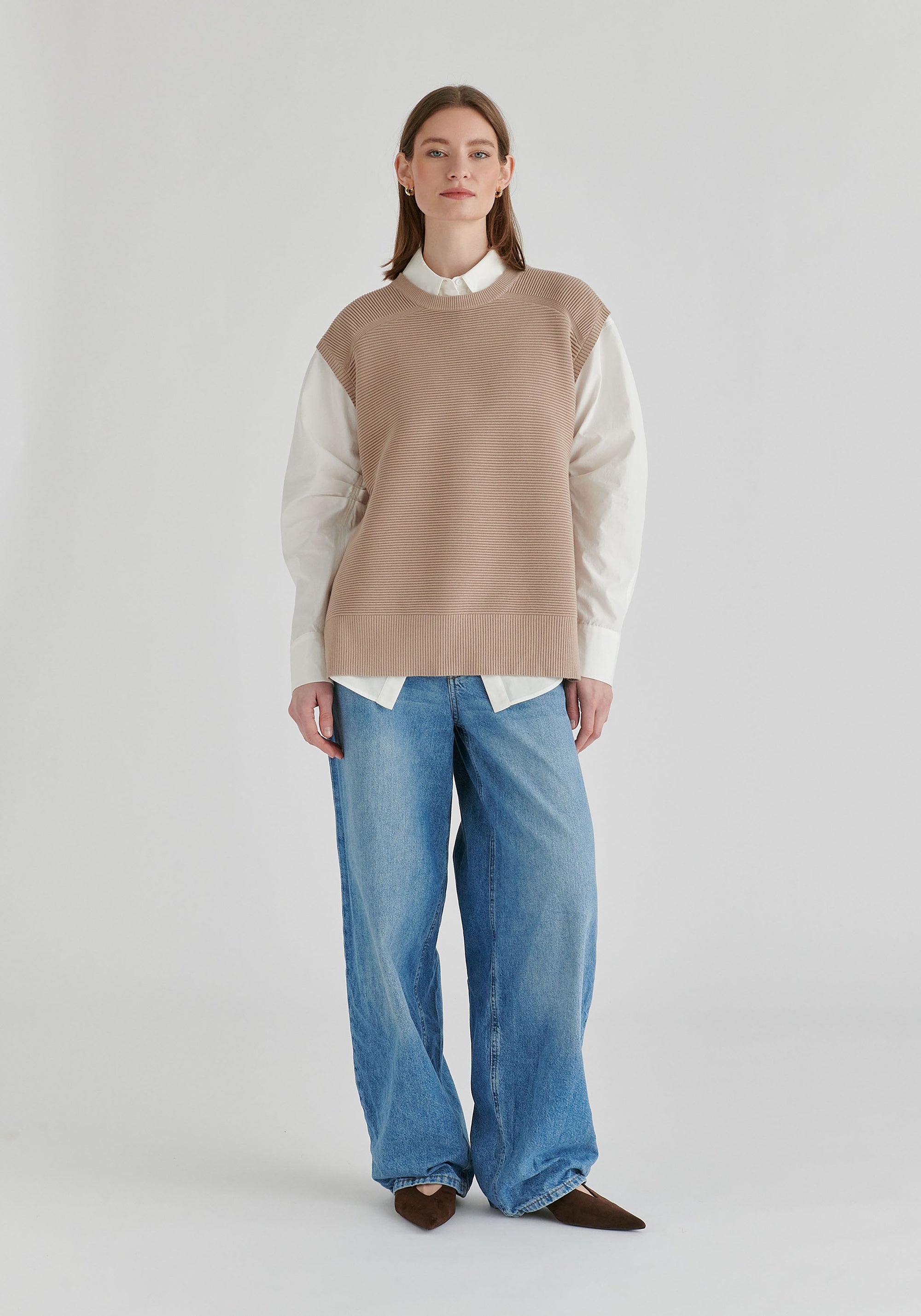 Side Slit Sleeveless Ribbed Jumper in Almond Front