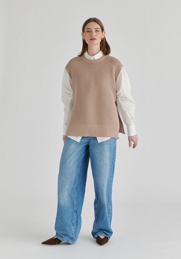 Side Slit Sleeveless Ribbed Jumper in Almond Front