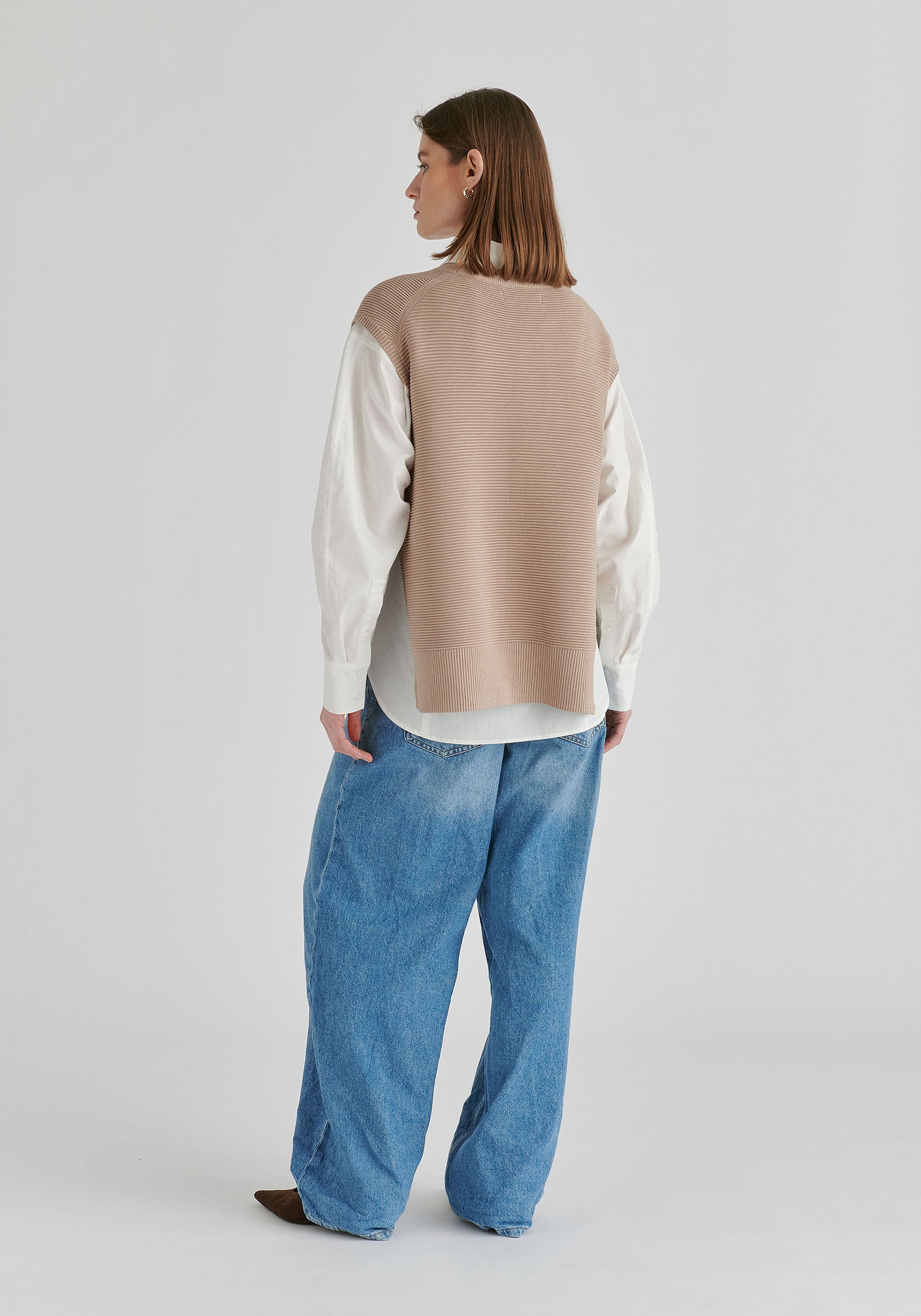 Side Slit Sleeveless Ribbed Jumper in Almond Back