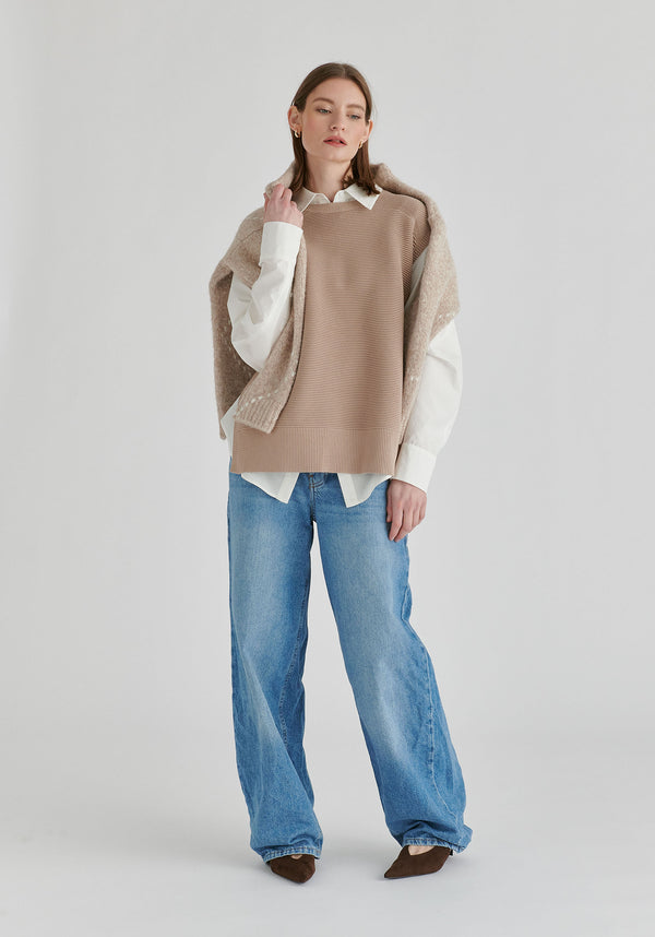 Side Slit Sleeveless Ribbed Jumper in Almond Front