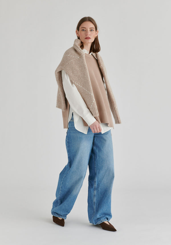 Side Slit Sleeveless Ribbed Jumper in Almond Front