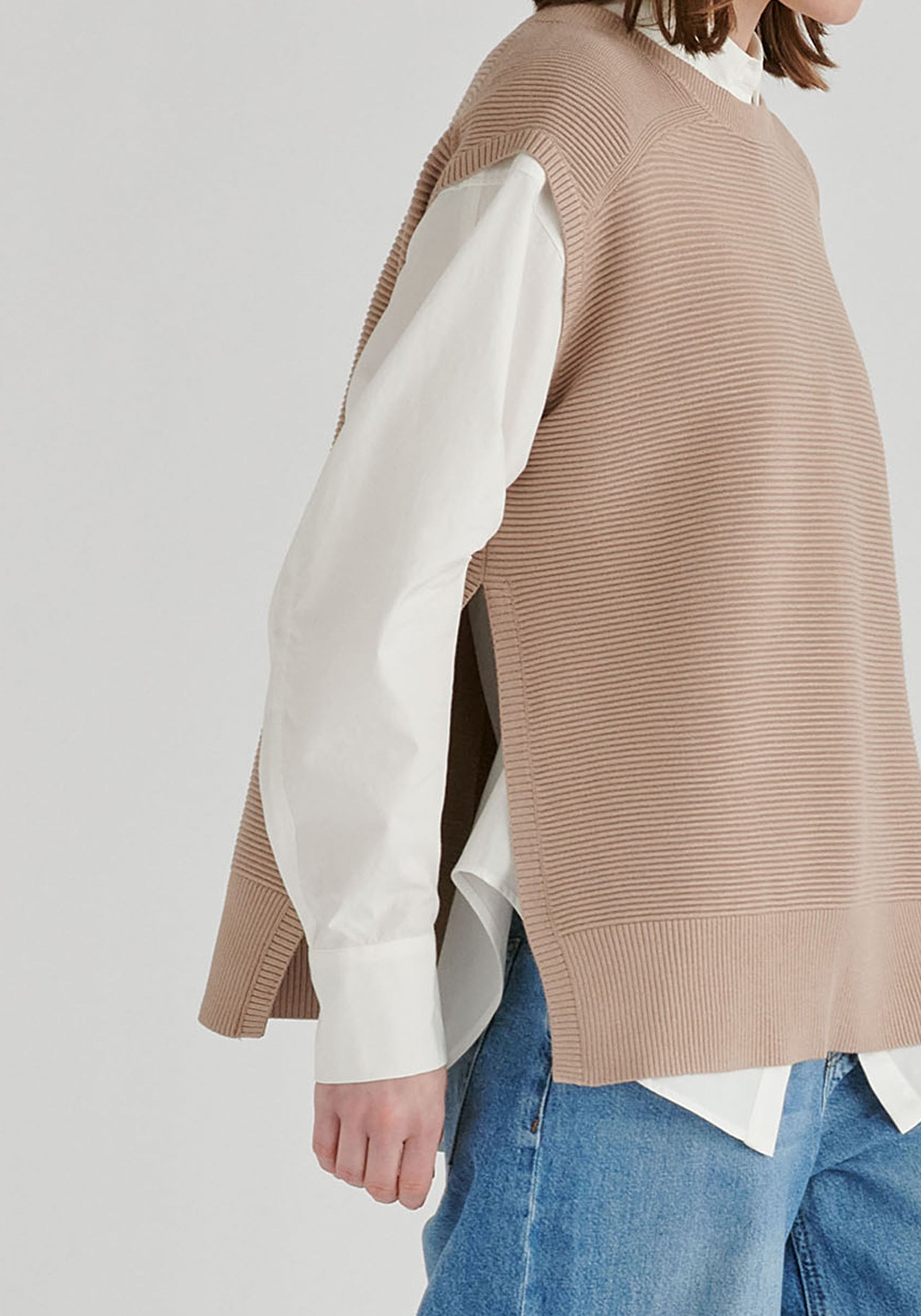 Side Slit Sleeveless Ribbed Jumper in Almond Closeup