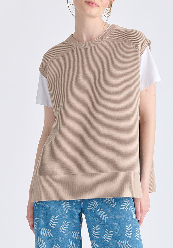 Side Slit Sleeveless Ribbed jumper in Almond Closeup