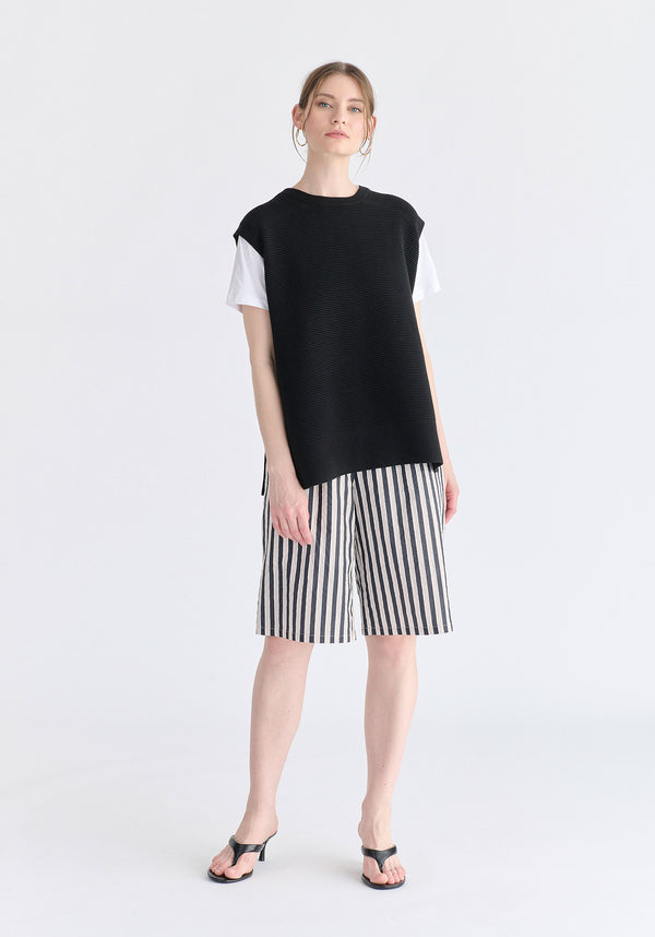 Side Slit Sleeveless Ribbed jumper in Black Front