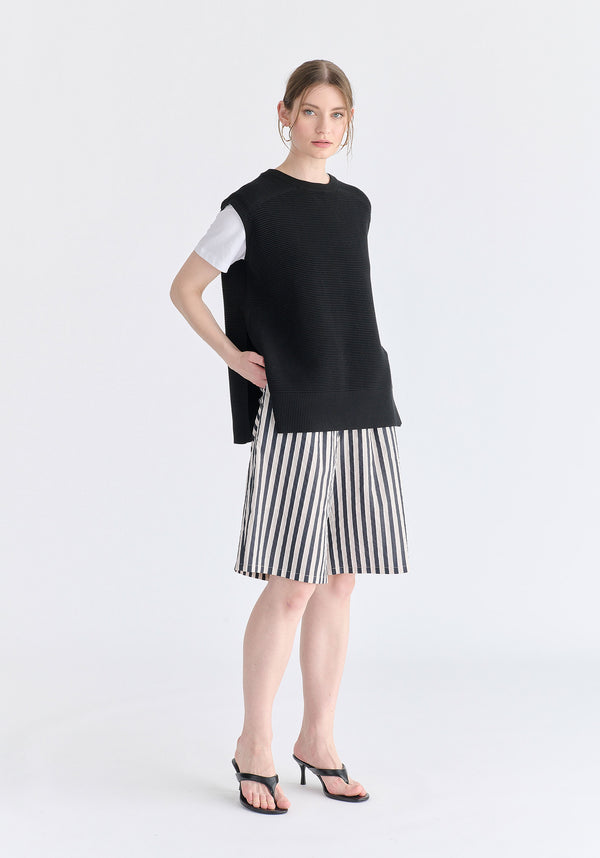 Side Slit Sleeveless Ribbed jumper in Black Front