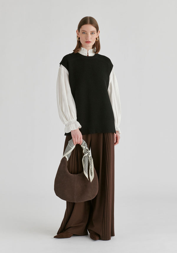 Side Slit Sleeveless Ribbed Jumper in Black Front