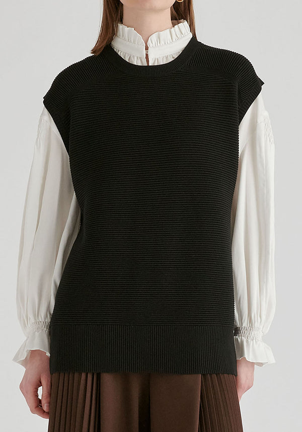 Side Slit Sleeveless Ribbed Jumper in Black Closeup
