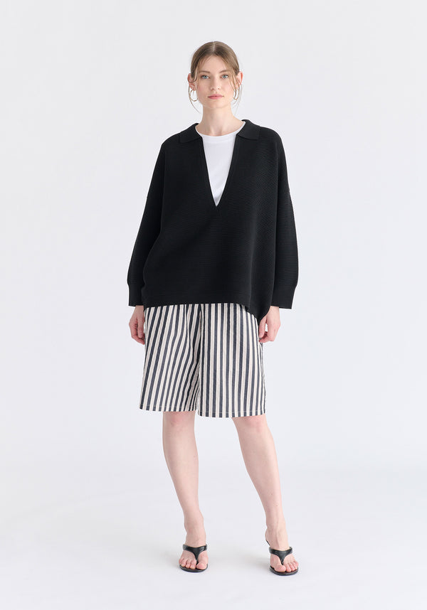 Low Cut Polo Collar Ribbed Jumper