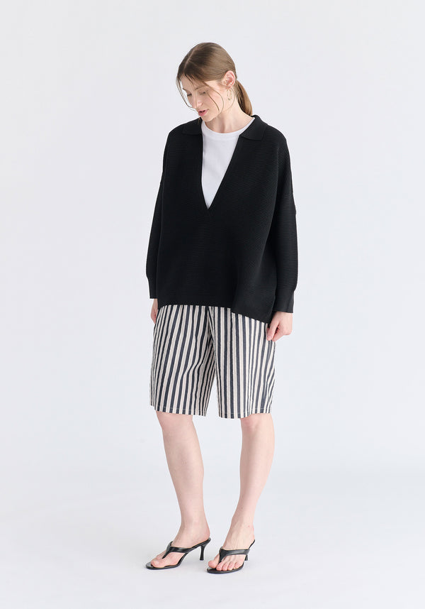 Low Cut Polo Collar Ribbed Jumper